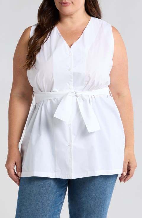 Reya Tie Waist Sleeveless Poplin Button-Up Top (Plus)