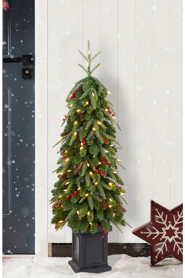 4ft Pre-lit Artificial Christmas Porch Tree with 100 Warm White Lights, Alternate, color, Green