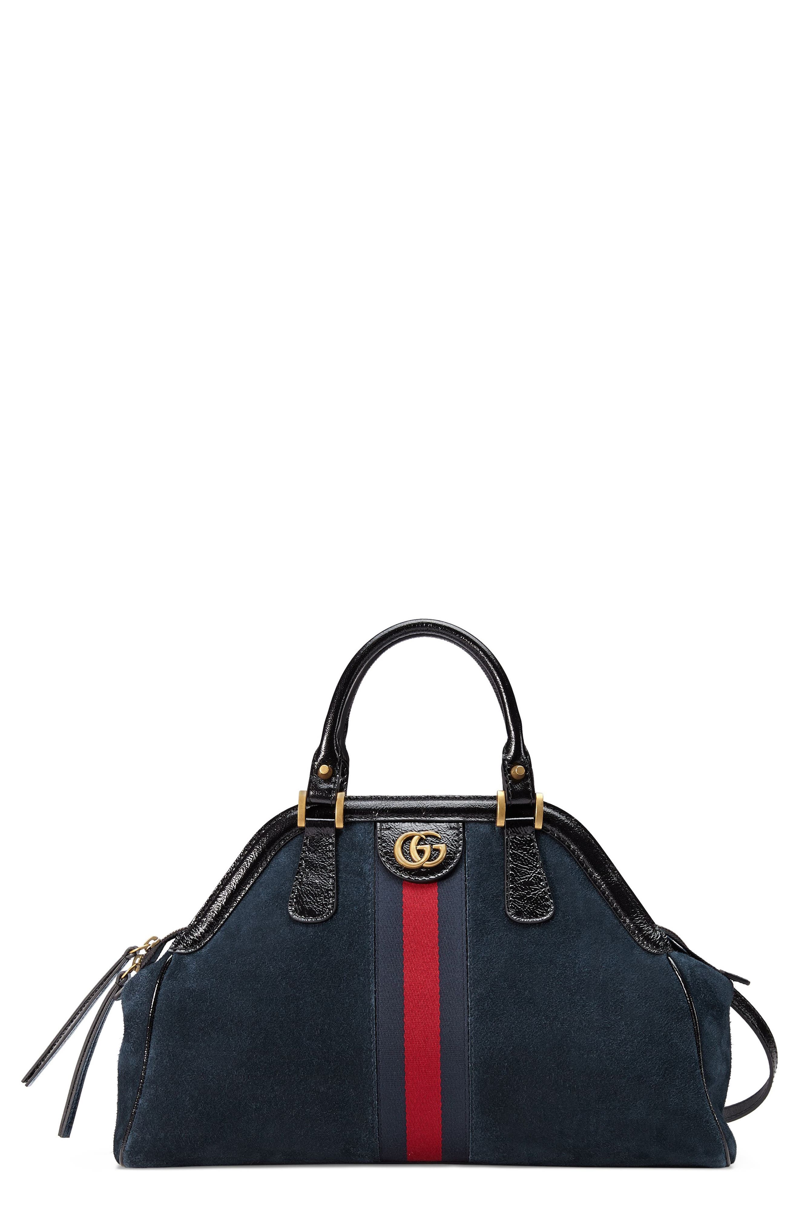 Medium RE(BELLE) Suede Satchel, Main, color, BLUE/ NERO/ BLUE RED