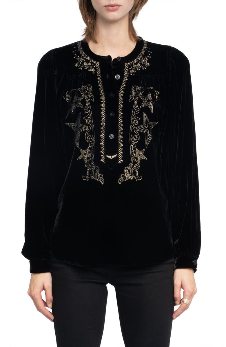Zadig & Voltaire Tigy Embroidered Velvet Popover Shirt, Main, color, Black