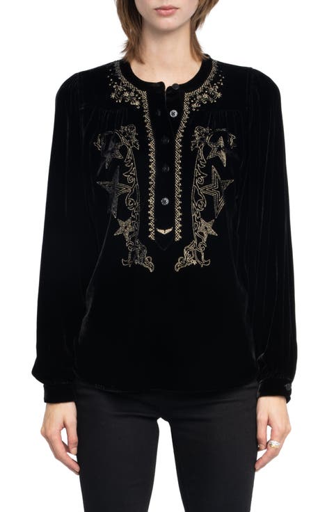 Tigy Embroidered Velvet Popover Shirt