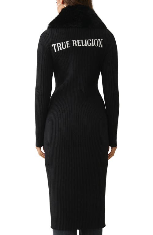 True Religion Embroidered Faux Fur Accent Rib Longline Cardigan In Black