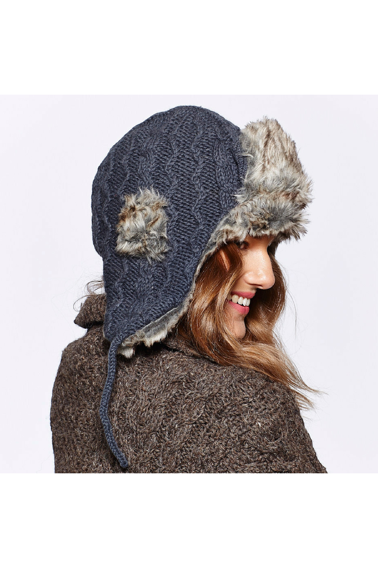 Cable Knit Russian Hat w/ Faux Fur, Alternate, color, White