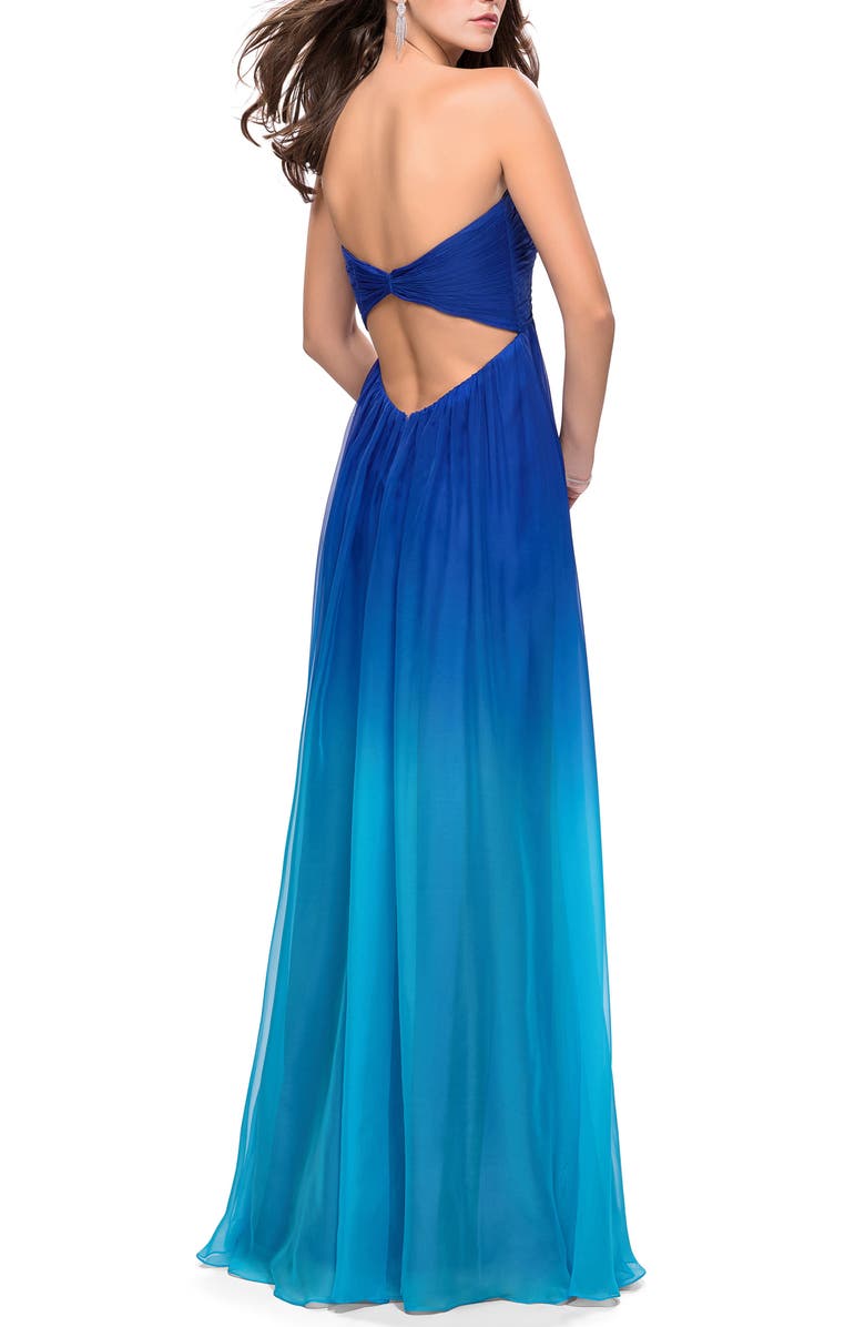 La Femme Ruched Ombré Chiffon Strapless Gown, Alternate, color,