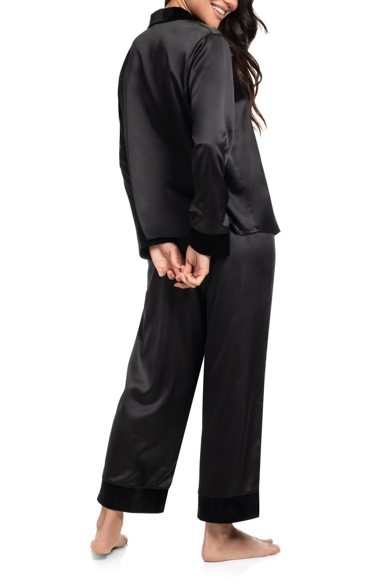 Velvet Trim Satin Pajamas, Alternate, color, BLACK