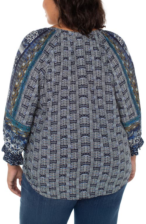 Liverpool Los Angeles Plus Size Printed V-neck Button-front 3/4-sleeve Blouse In Blue