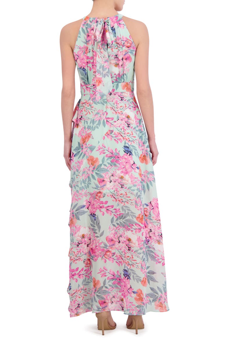 Eliza J Floral Print Asymmetric Ruffle Sleeveless Maxi Dress, Alternate, color, Mint