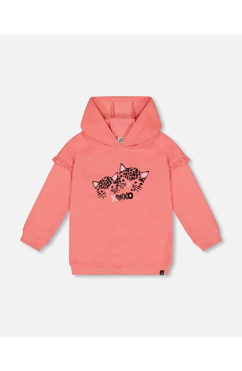 Deux par Deux Little Girl's Super Soft Hooded Tunic With Frill Coral, Main, color, 
