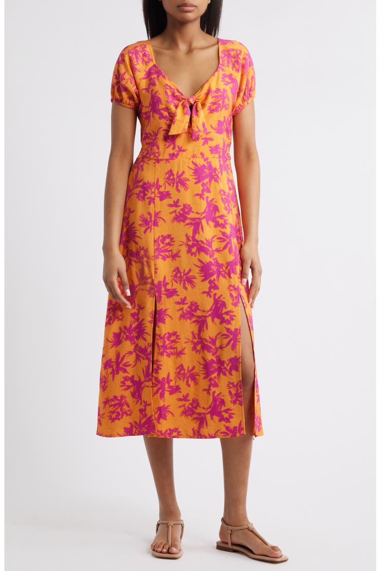 Tie Front Slit Midi Dress, Main, color, ORANGE/ FUCHSIA