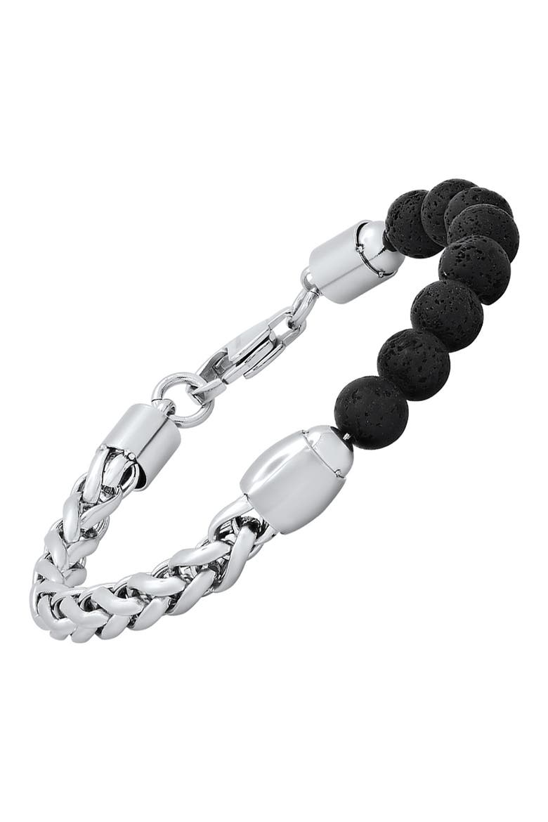 Beaded Black Lava & Stainless Steel Curb Link Bracelet, Alternate, color, METALLIC-BLACK