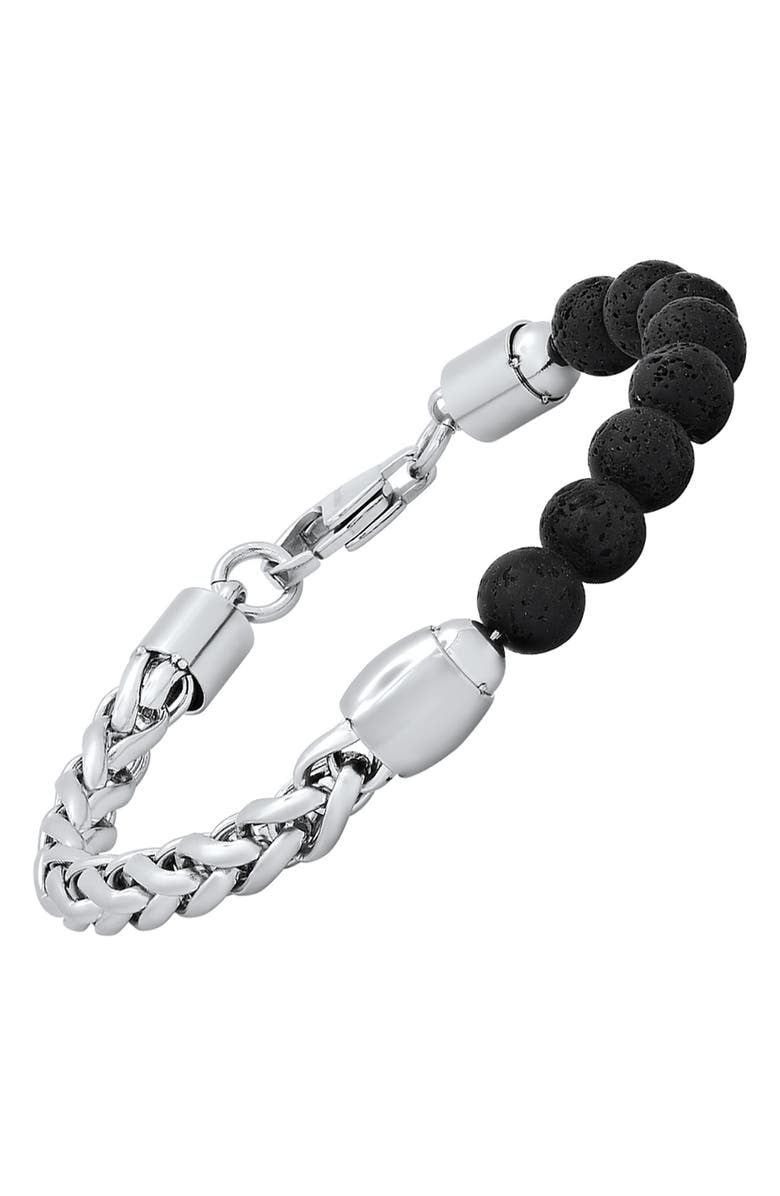 HMY JEWELRY Beaded Black Lava & Stainless Steel Curb Link Bracelet, Alternate, color,