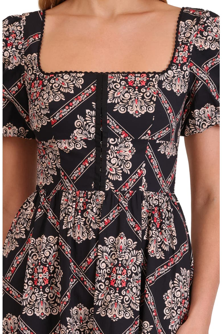 Botanical Print Corset Bodice Stretch Cotton Midi Dress, Alternate, color, FLORENTINE FOULARD