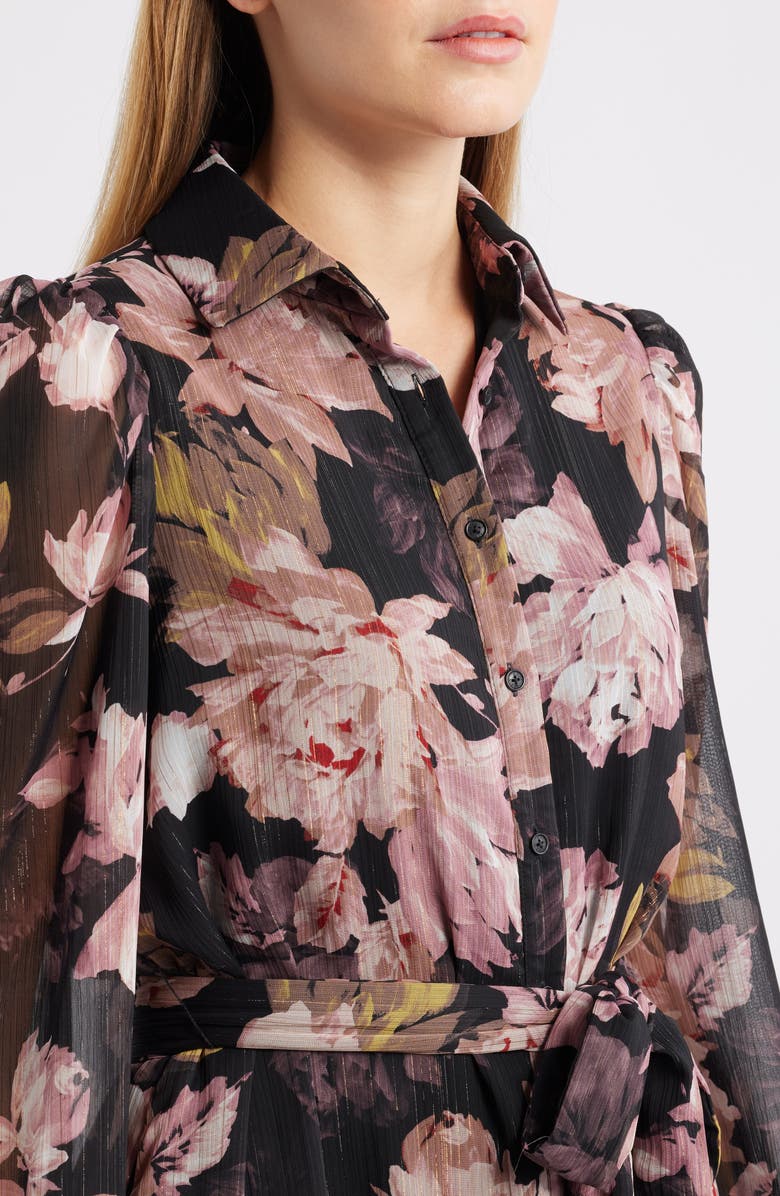 Anne Klein Long Sleeve Floral Chiffon Shirtdress, Alternate, color, Anne Black Multi
