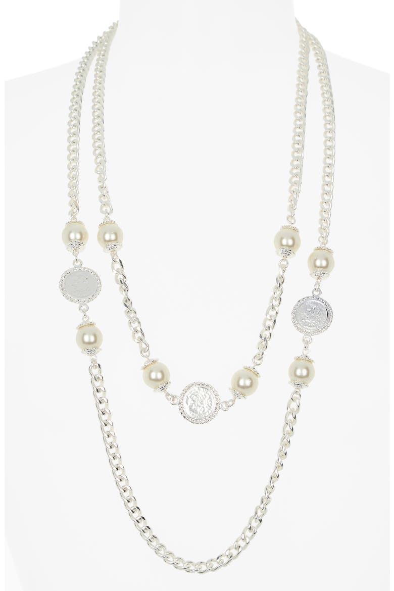 Faux Pearl Coin Station Chain Necklace, Alternate, color, SILVER