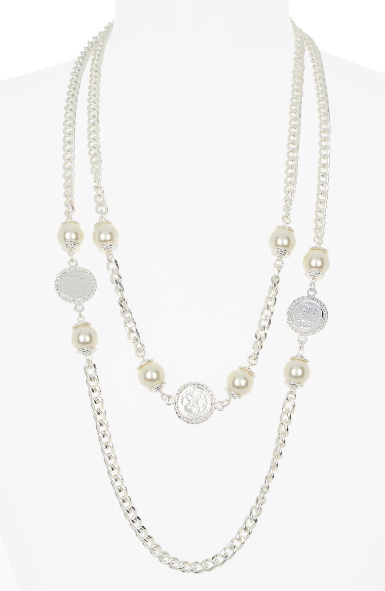Karine Sultan Faux Pearl Coin Station Chain Necklace, Alternate, color, Silver