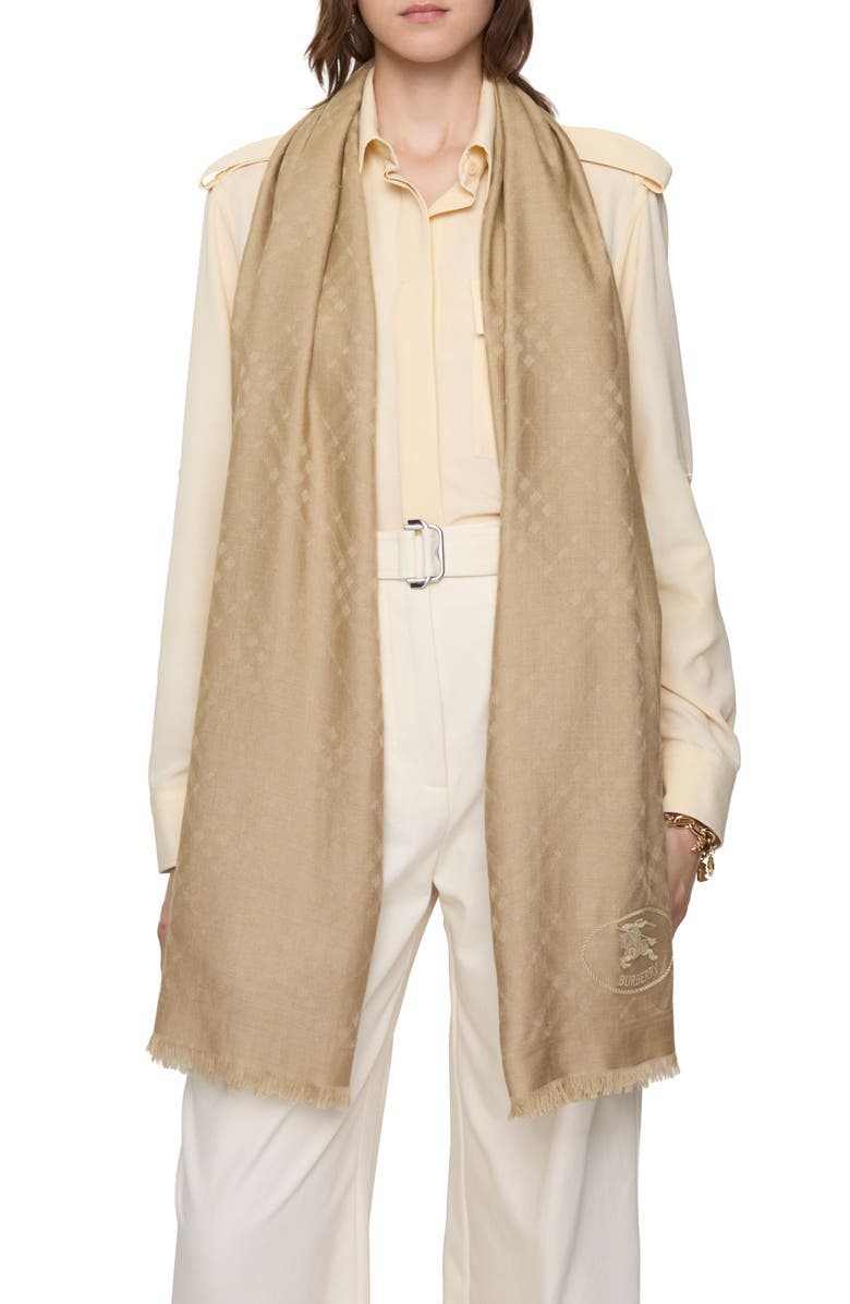 Burberry Check EKD Embroidered Wool & Silk Scarf, Alternate, color, Sand