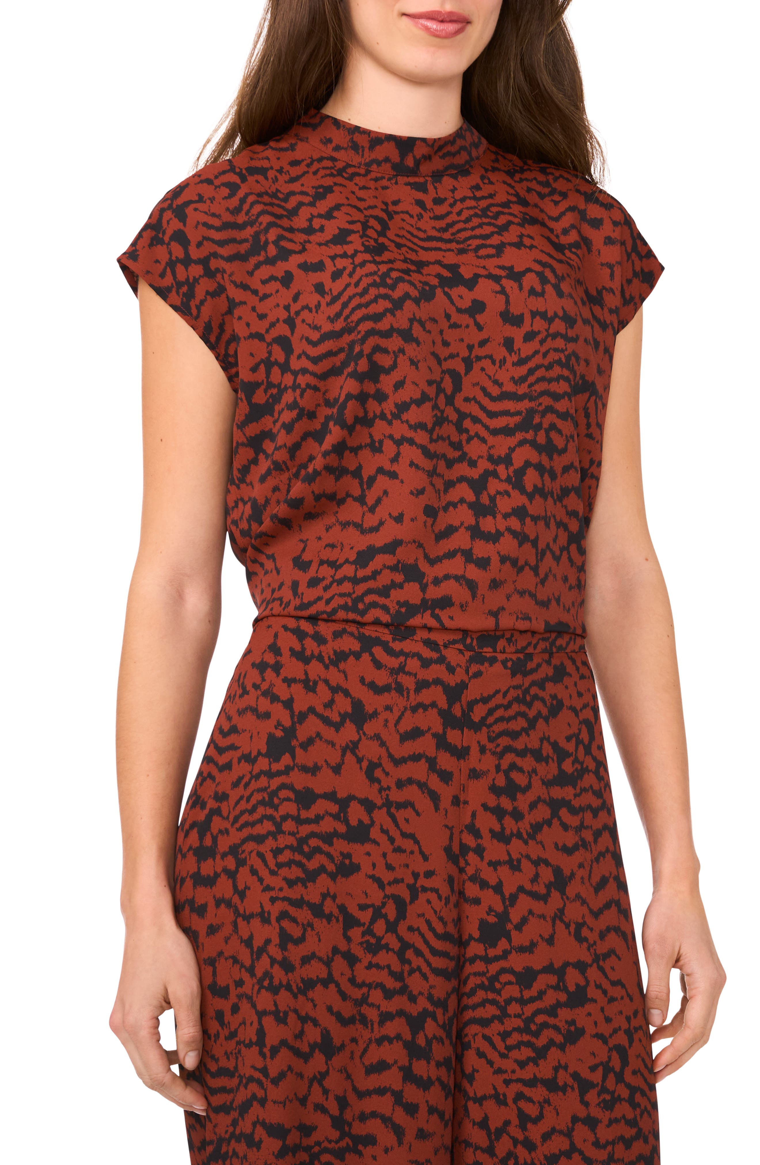 Halogen® Animal Print Mock Neck Cap Sleeve Shell