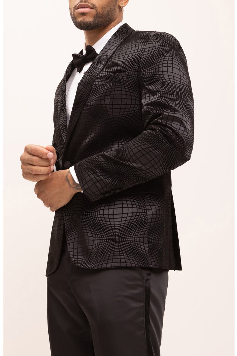 Geometric Flocked Shawl Collar Formal Jacket, Alternate, color, BLACK