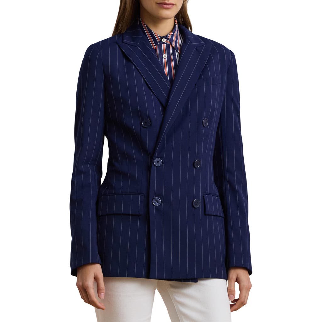 RALPH LAUREN LAUREN RALPH LAUREN PINSTRIPE DOUBLE BREASTED WOOL BLEND BLAZER