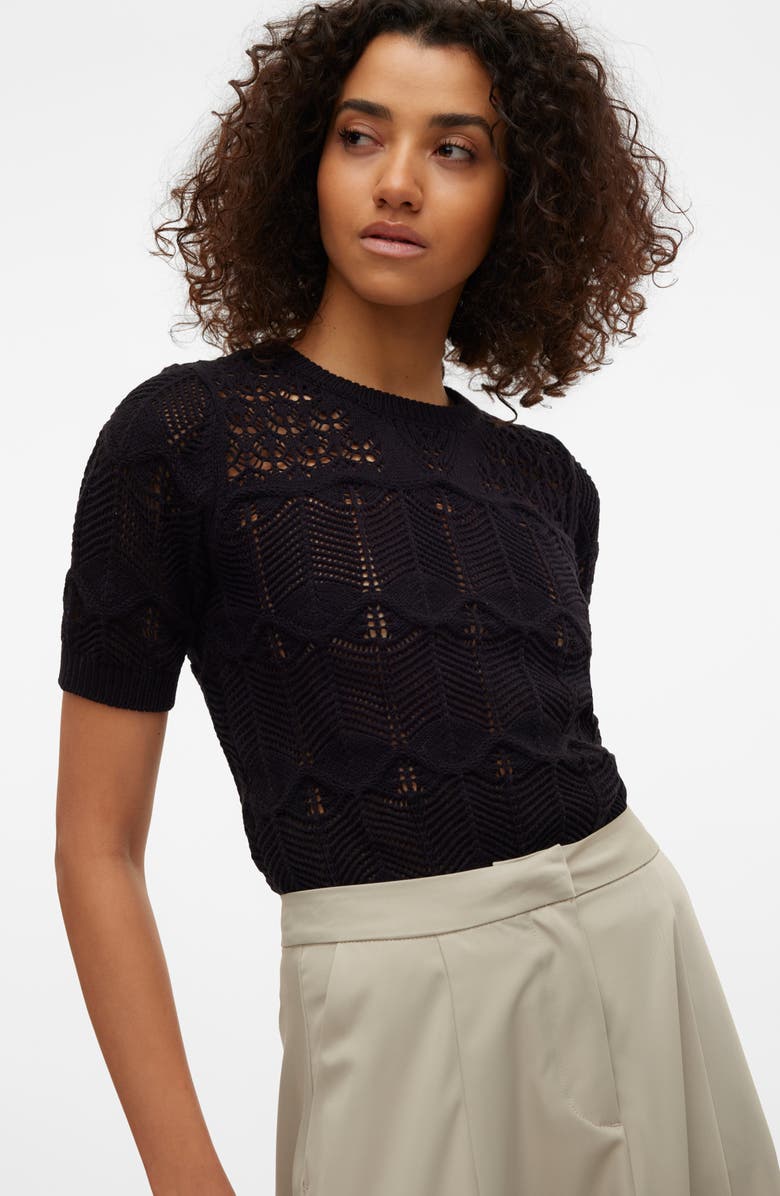 VERO MODA Alexia Short Sleeve Pointelle Cotton Blend Sweater, Alternate, color,