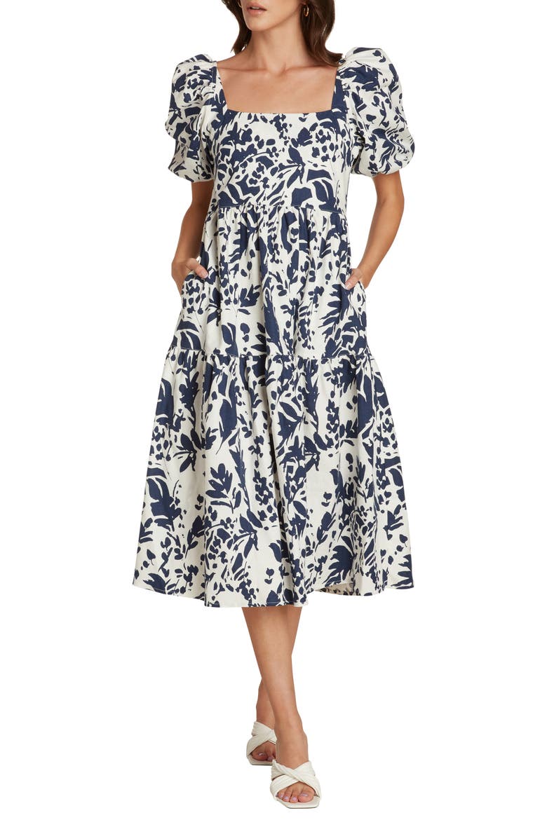 Margot Puff Sleeve Linen Blend Midi Dress, Alternate, color, INDIGO