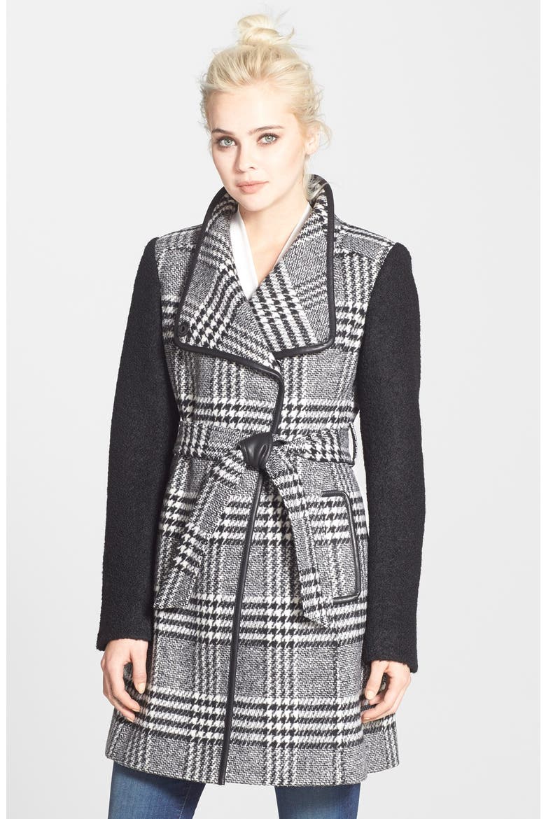 Bouclé Sleeve Plaid Wrap Coat, Main, color, BLACK/WHITE PLAID