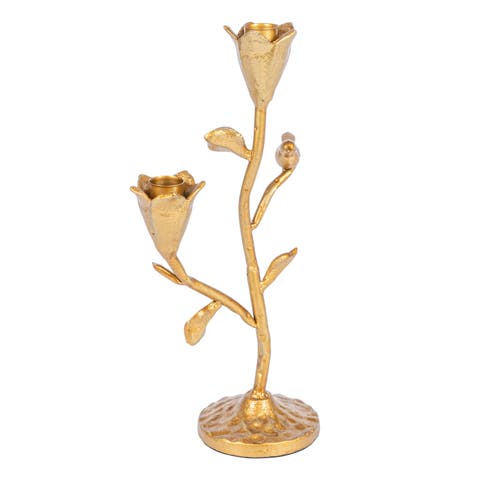 Tall Hand-Forged Cast Iron Candelabra with Flowers and Bird, Gold