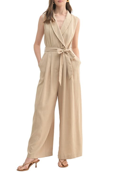 Tie Waist Shawl Collar Sleeveless Jumpsuit