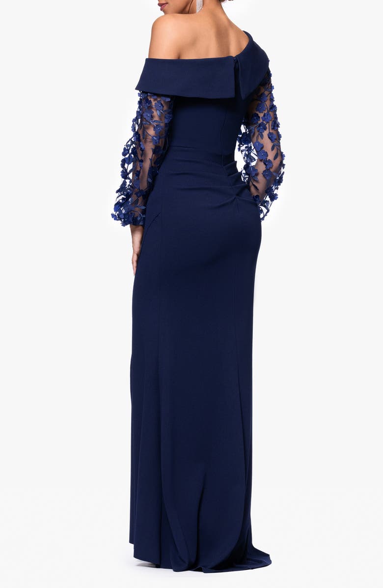 Xscape Evenings Floral Appliqué Long Sleeve Gown, Alternate, color, Navy