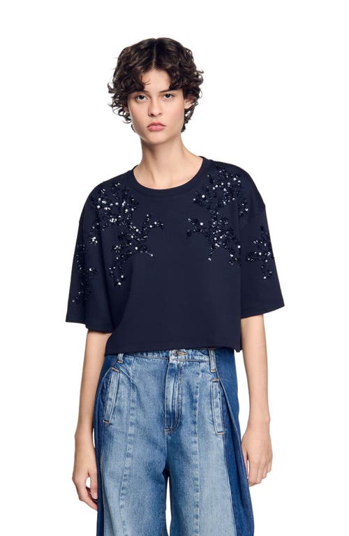 Sandro Cotton-blend Beaded Algarve T-shirt In Navy Blue