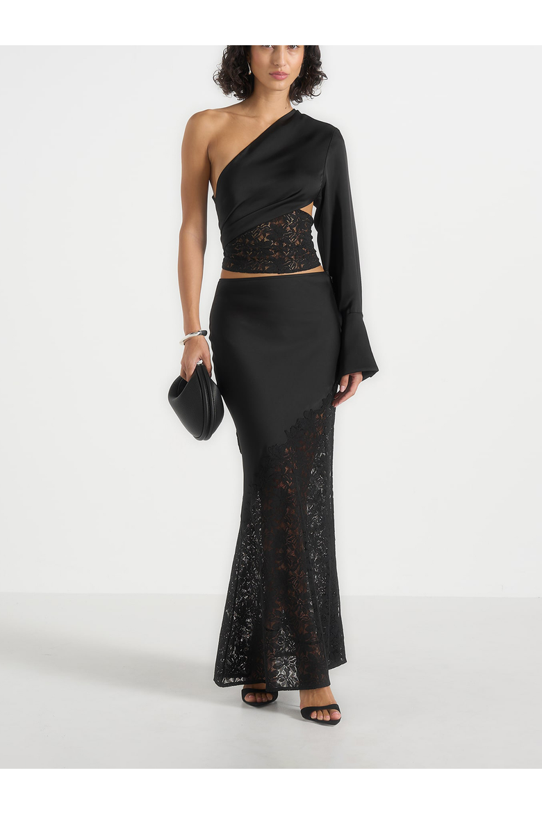 Belle Satin Lace Maxi Skirt, Alternate, color, Black