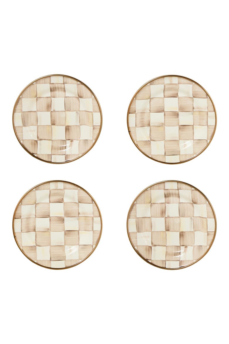 Mocha Check Set of 4 Enameled Steel Appetizer Plates, Main, color, MOCHA
