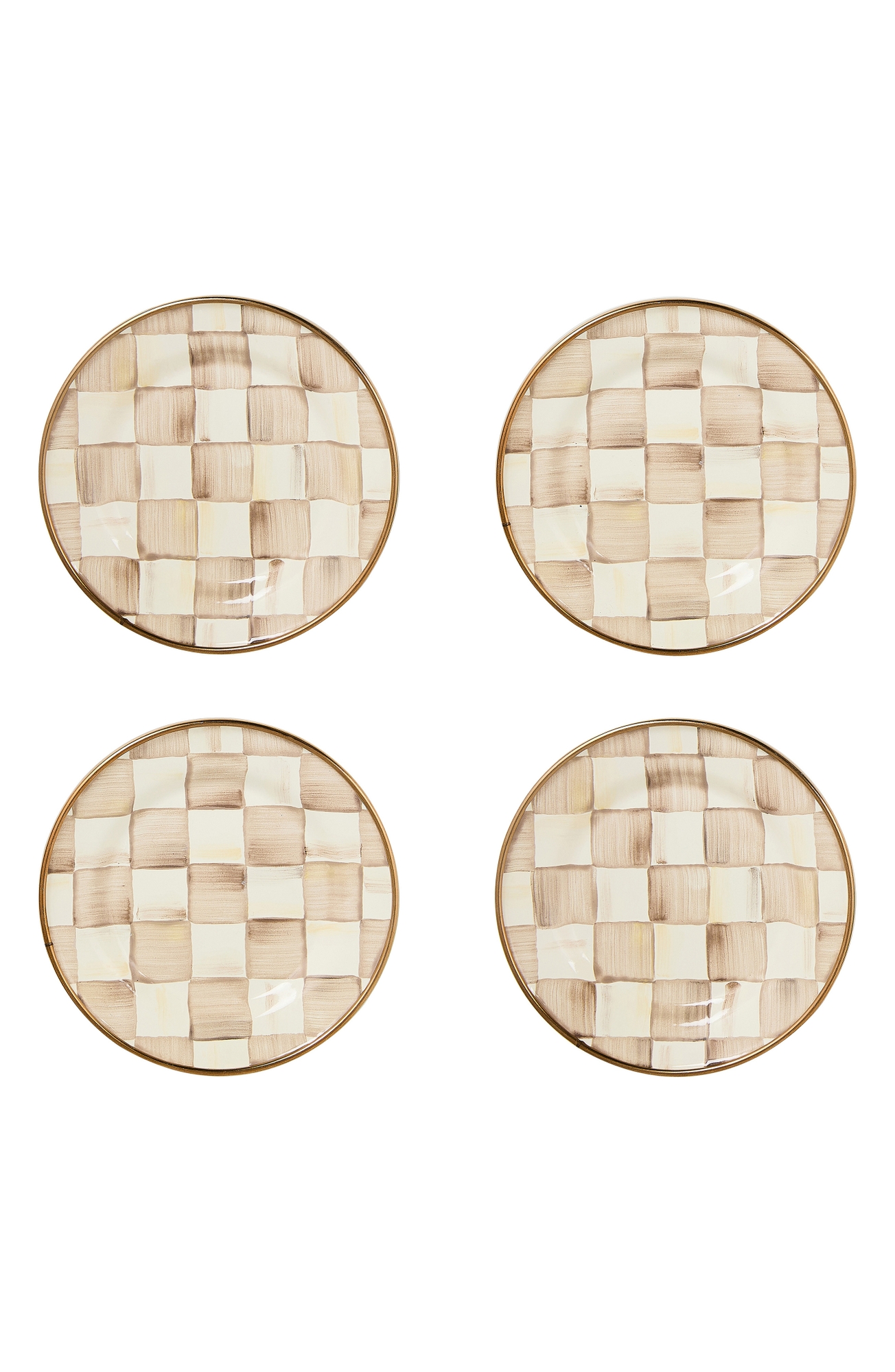 MACKENZIE CHILDS Mocha Check Set of 4 Enameled Steel Appetizer Plates - Mocha