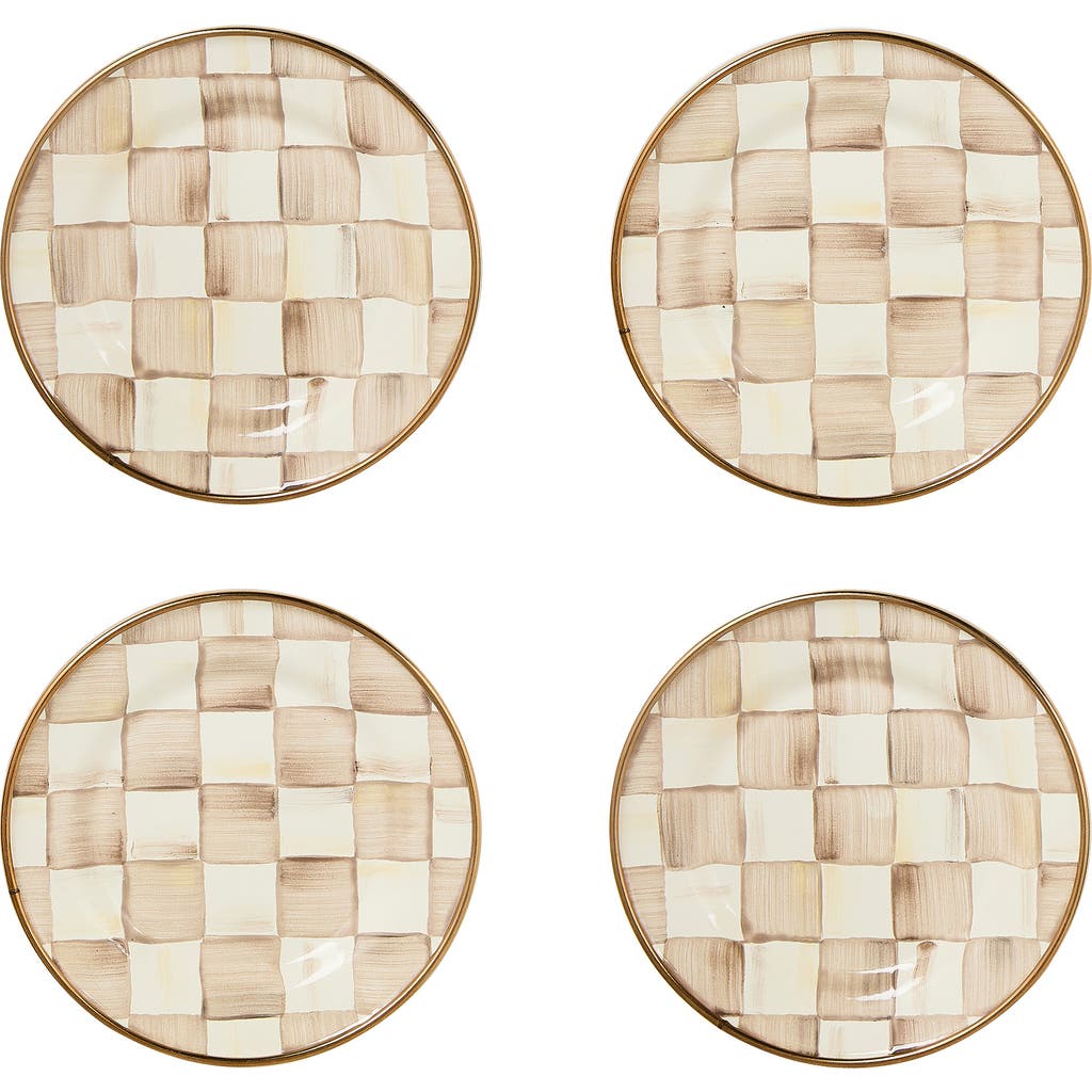 Mackenzie-childs Mackenzie Childs Mocha Check Set Of 4 Enameled Steel Appetizer Plates In Brown