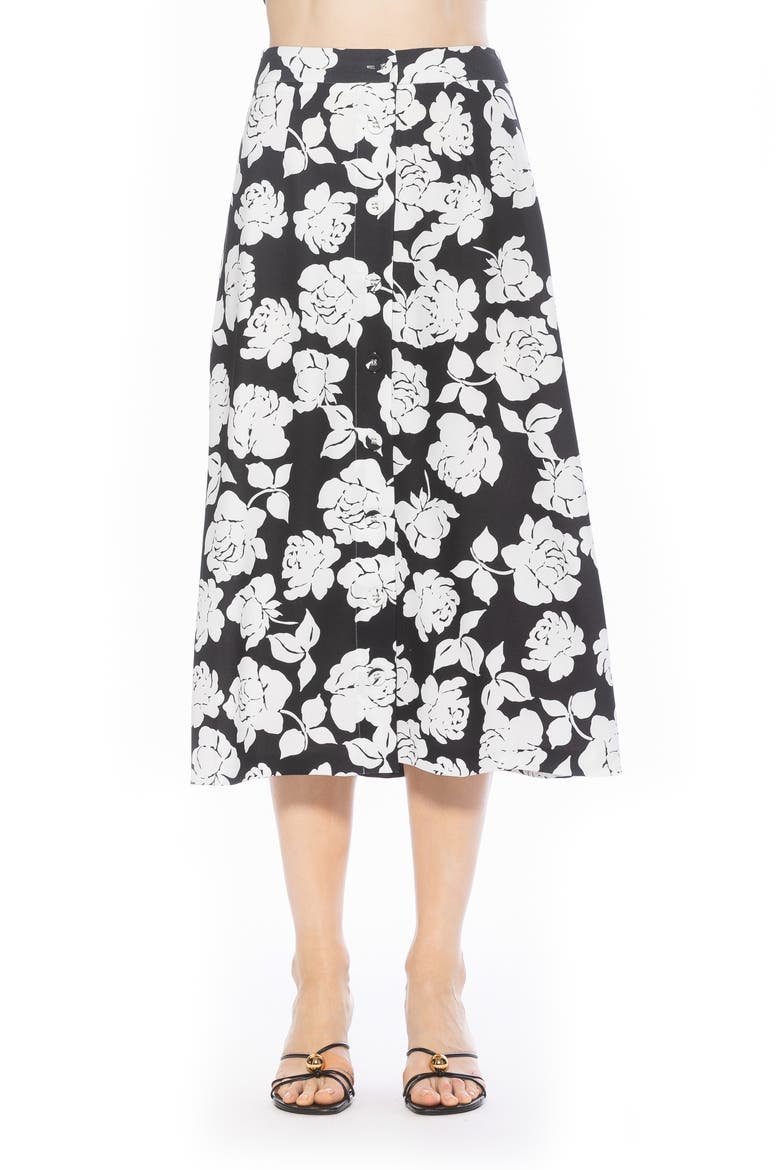 Zephyr Button Front Midi Skirt, Main, color, BLACK WHITE FLORAL