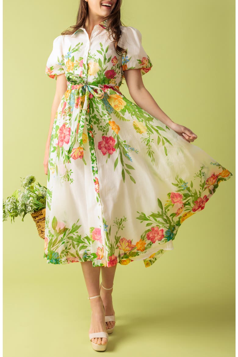 Floral Short Sleeve Midi Shirtdress, Alternate, color, IVORY