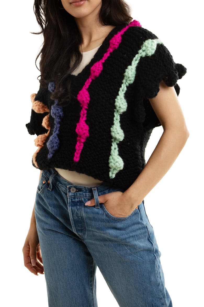 V-Neck Colorful Chunky Knit Sweater, Main, color, BLACK