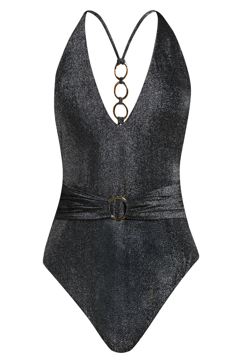 Lisa Sparkle Plunge One-Piece Swimsuit, Alternate, color, BLACK
