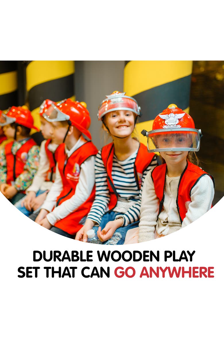 Leo & Friends Fire Truck Play Set, 3-Piece Wooden Play Kit with Fire Truck, Firefighter, and Dog Included, Alternate, color, Red