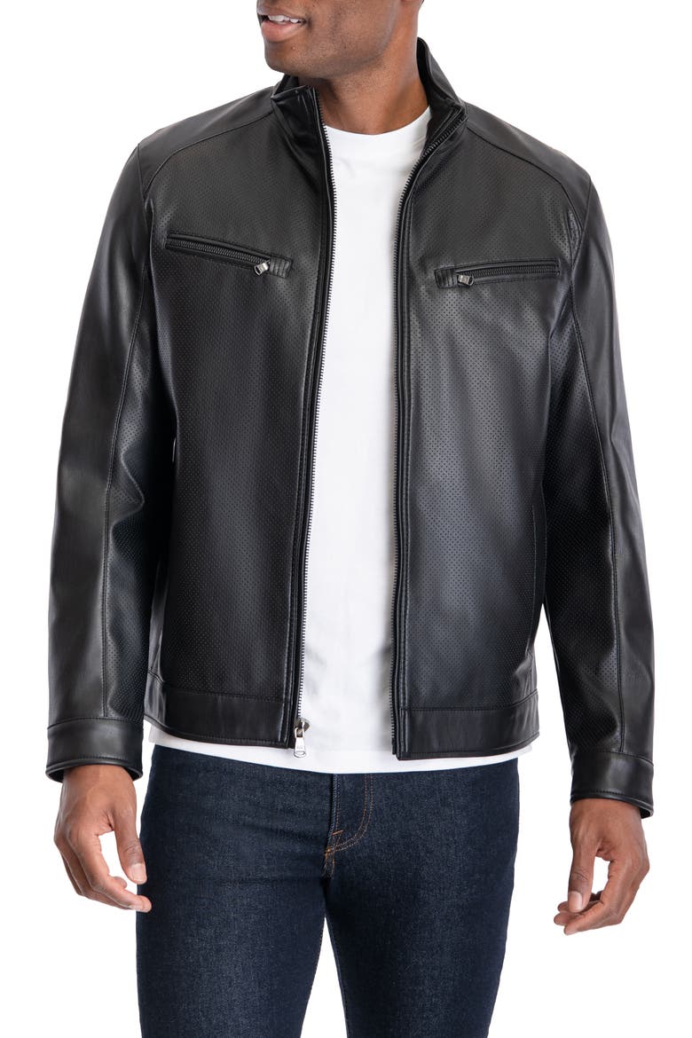 Perforated Faux Leather Moto Jacket, Main, color, BLACK