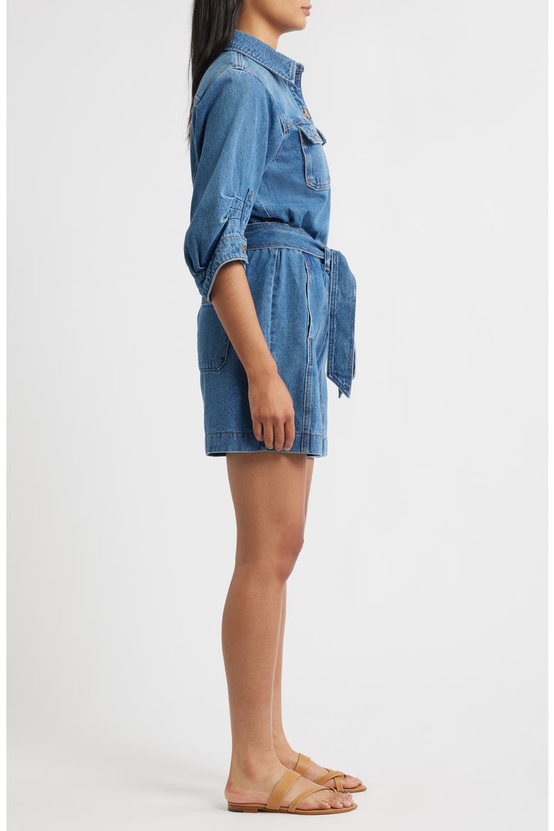 Barrel Sleeve Tie Waist Denim Romper, Alternate, color, MID BLUE