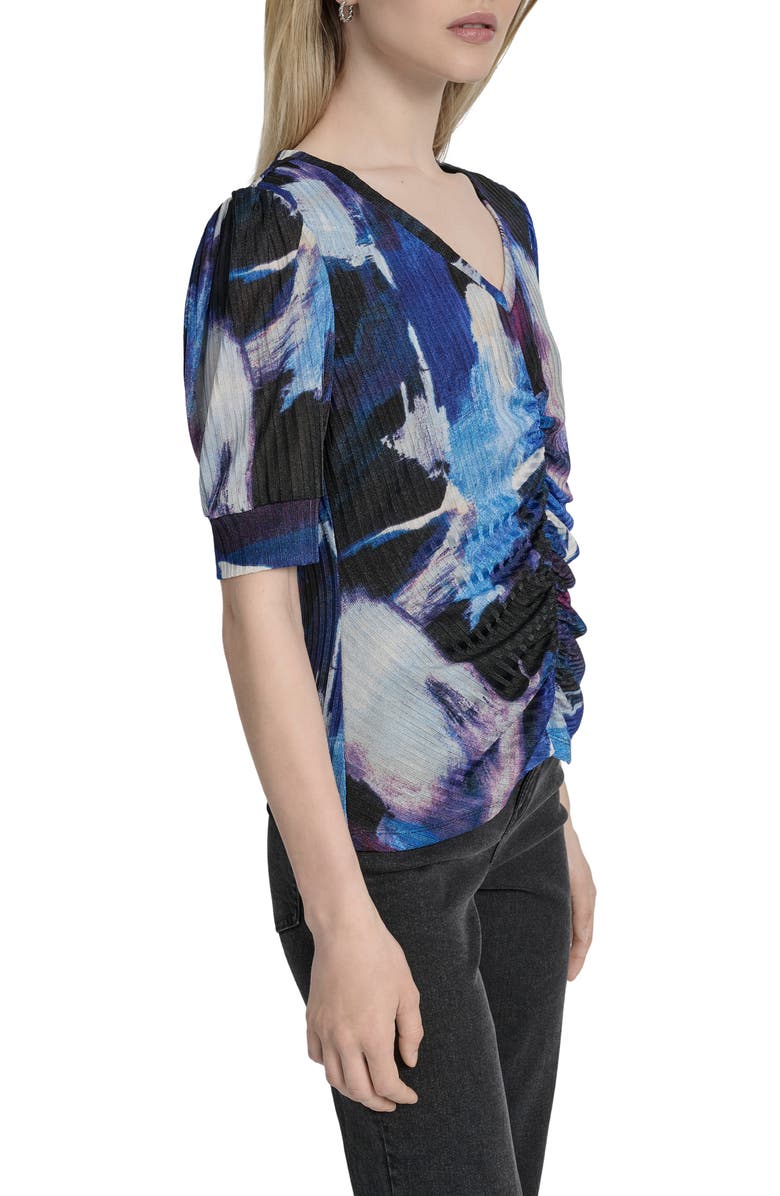 DKNY Print Ruched Puff Sleeve Top, Alternate, color, Blue Brush