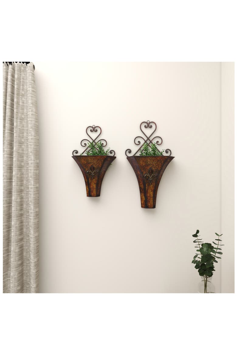 Brown Metal Indoor Outdoor Hanging Scroll Wall Planter - Set of 2, Alternate, color, BROWN