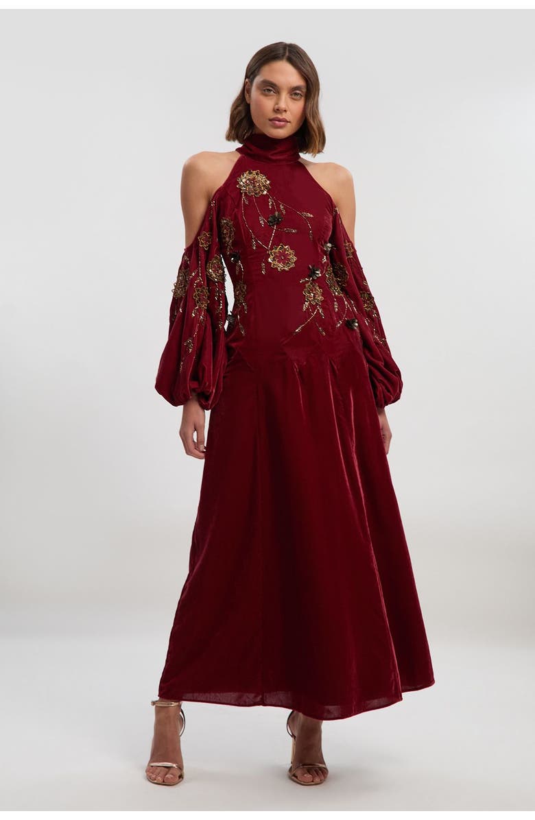 Karen Millen Velvet Embroidered High Neck Maxi Dress, Main, color, Rust
