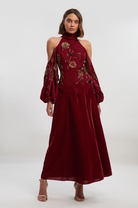 Velvet Embroidered High Neck Maxi Dress