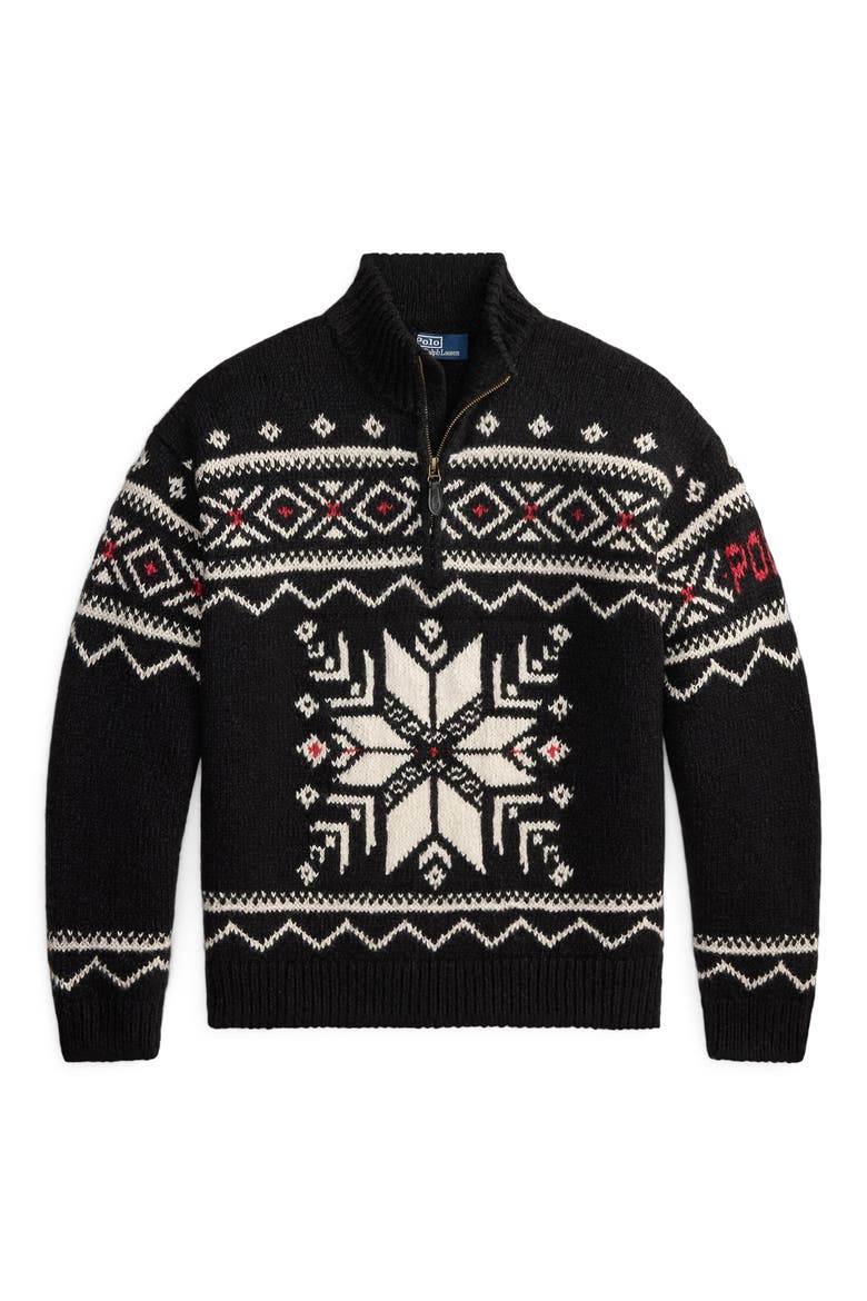 Snowflake Wool Quarter Zip Sweater, Alternate, color, BLACK