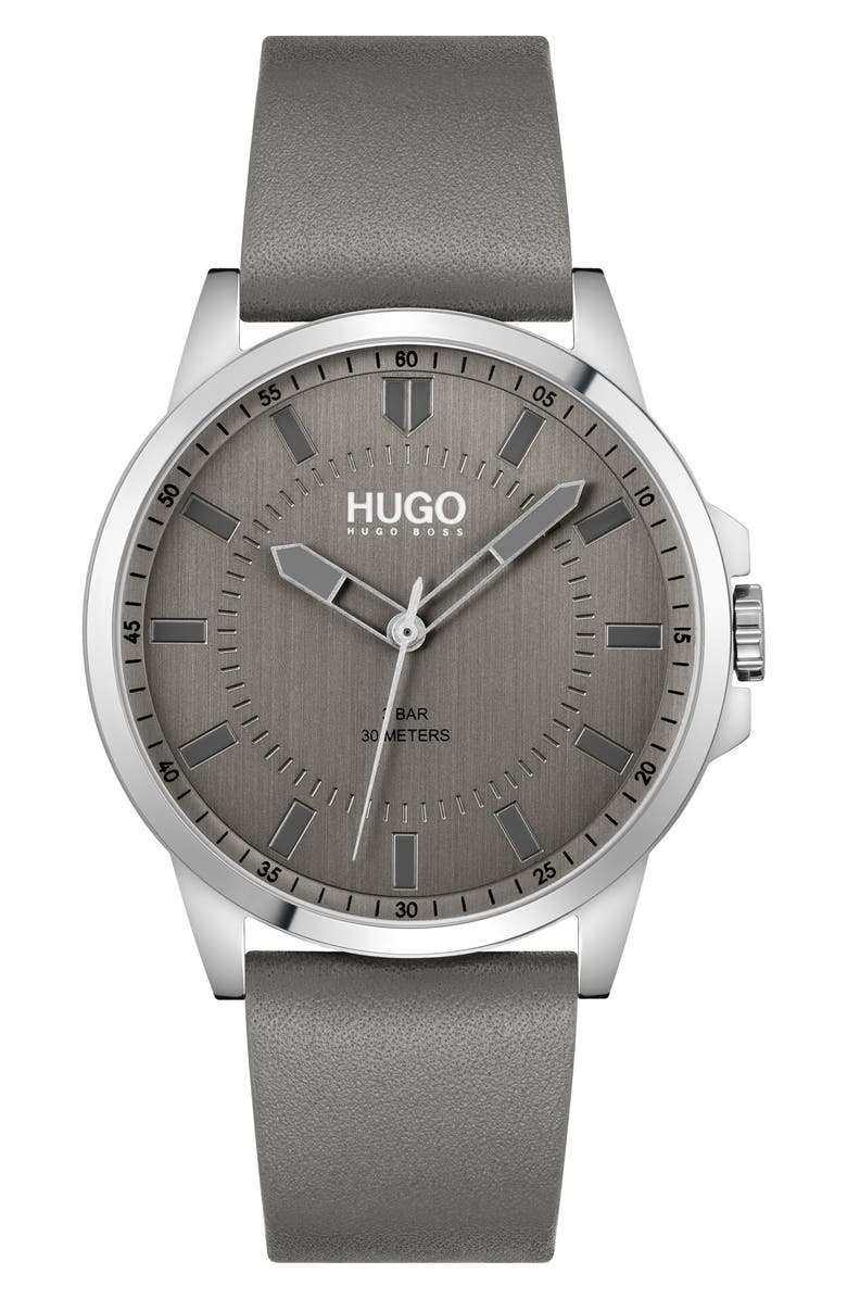 HUGO First Leather Strap Watch, 42mm, Main, color, 