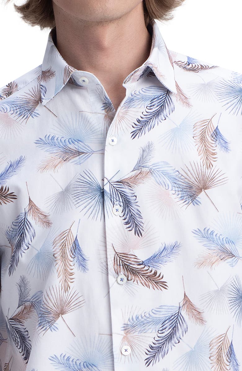 Bugatchi Shaped Fit Leaf Print Cotton Button-Up Shirt, Alternate, color, 