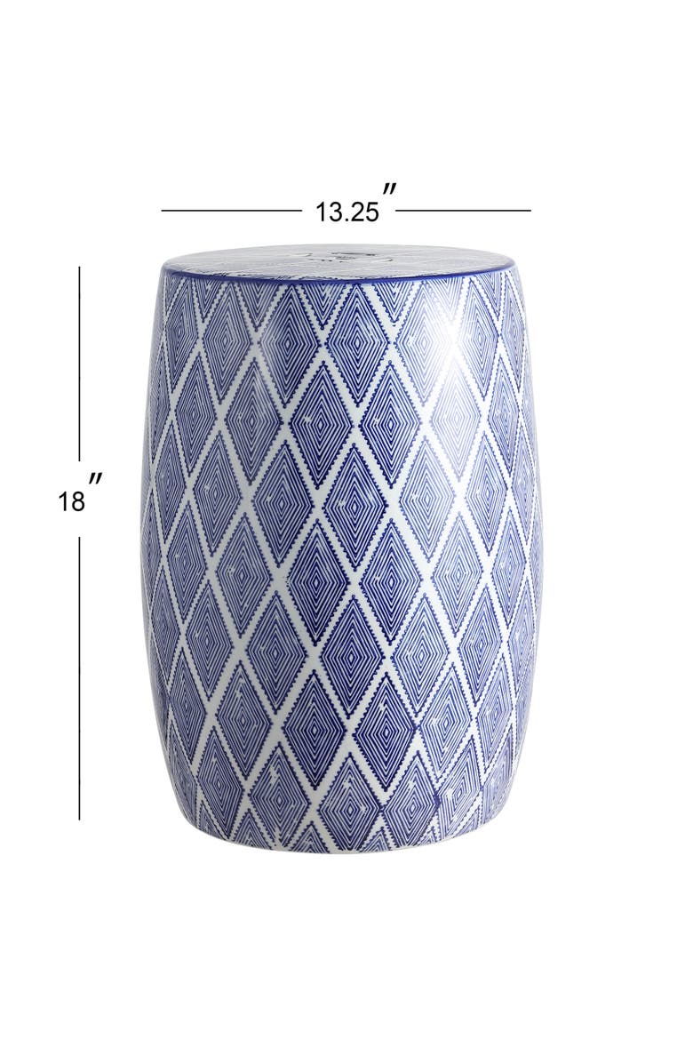 Moroccan Diamonds Bohemian Diamond Geometric Ceramic Indoor/Outdoor Garden Stool Decorative Patio Drum Accent Side Table, Alternate, color, Blue/White