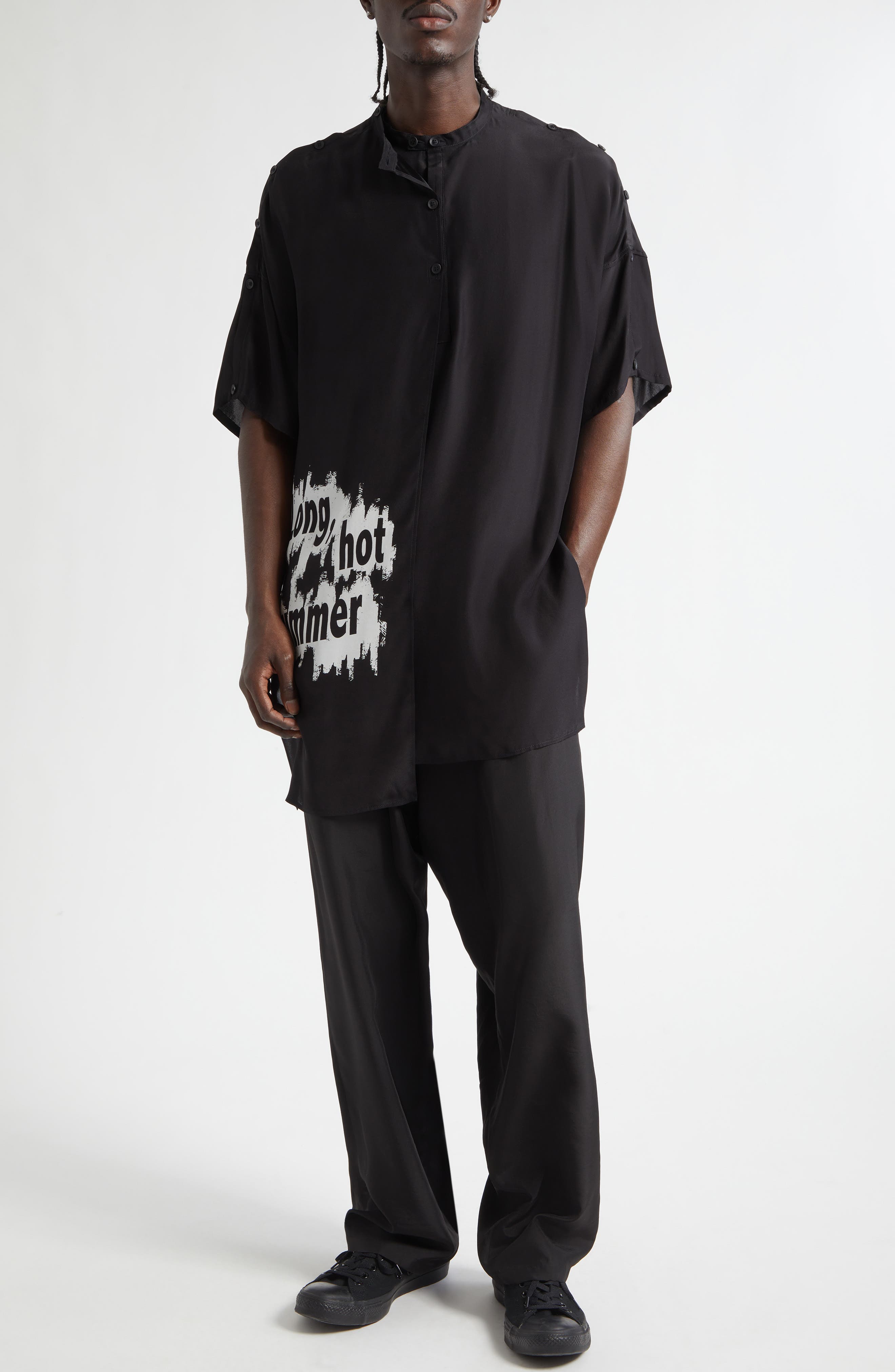 Double Covered Short Sleeve Silk Graphic Button-Up Shirt - image 2
